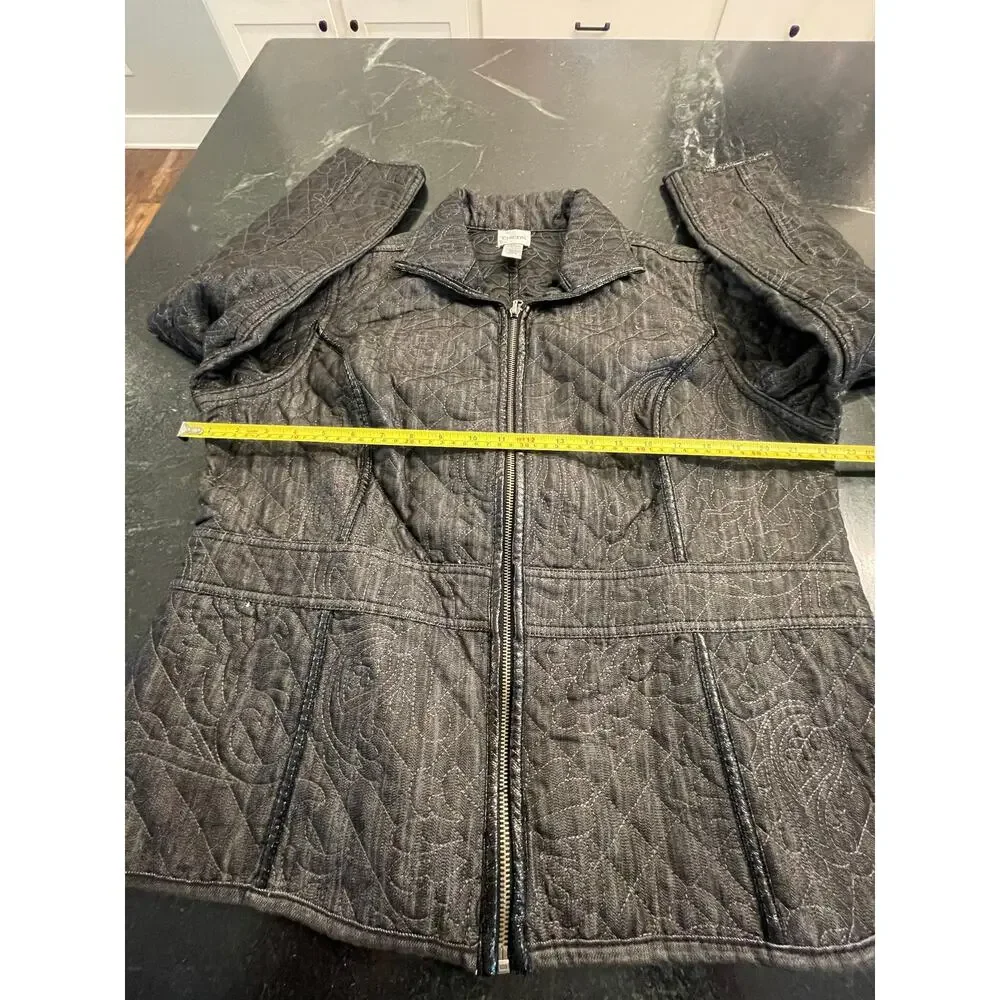 Chico's Charcoal  Black Floral Quilted Jacket Blazer 3/XL Faux Leather accents